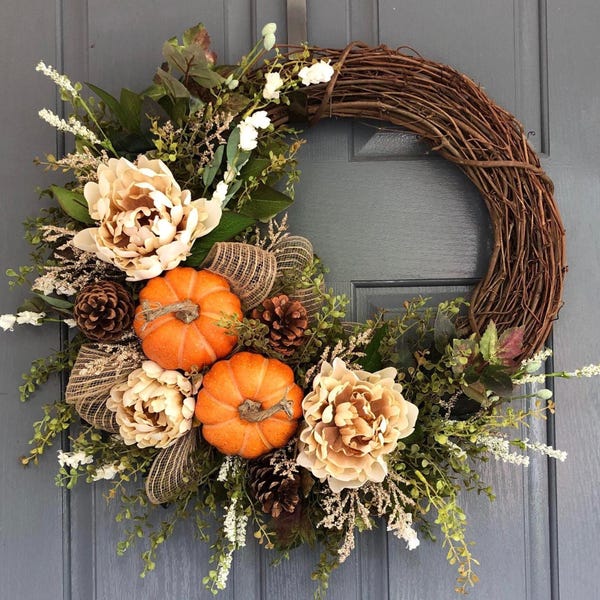 Handmade Fall Pumpkin Peony Wreath, Farmhouse Front Door Decor