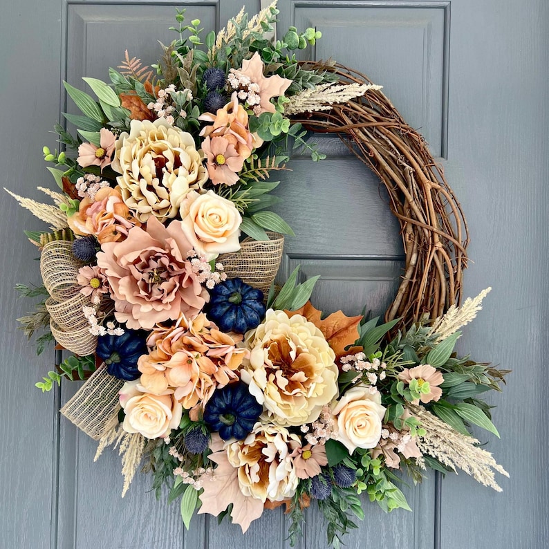 Beige Hydrangea and beige peony pampas grass Fall wreaths for front door, Everyday wreath, Farmhouse wreath image 1