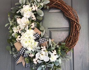 Wreath for front door ,Lambs ear wreath, year round wreath, farmhouse wreath, white hydrangea wreath, buffalo check, lambs ear and cotton