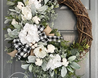 Neutral Fall Wreath for Front Door | White Hydrangea Cotton Wreath | Farmhouse Autumn Door Decor | Lambs Ear Grapevine Wreath