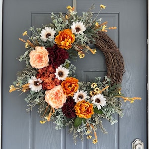 Burgundy hydrangea fall wreath, Fall wreaths for front door