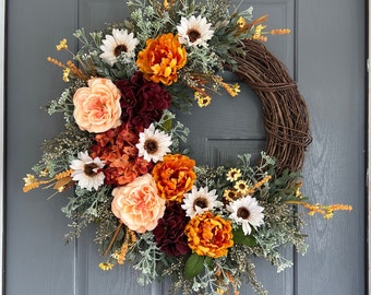 Burgundy hydrangea fall wreath, Fall wreaths for front door