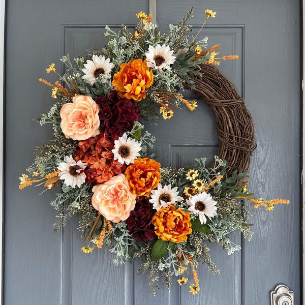 Burgundy hydrangea fall wreath, Fall wreaths for front door