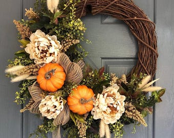 Fall farmhouse pumpkin wreath, Fall wreaths for front door, Peony wreath, Front door wreath