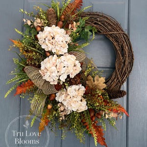 Luxury Fall Hydrangea Wreath | Cream Autumn Front Door Wreath | Neutral Harvest Wreath with Acorns, Pinecones & Burlap | Farmhouse Fall Deco