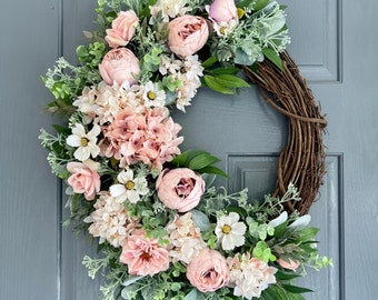 Spring blush and pink peony wreath, Spring wreaths for front door, Mother’s Day wreath, Summer wreath