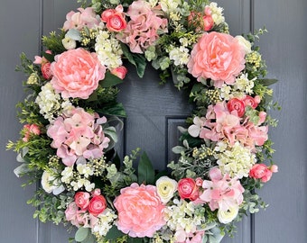 Pink Hydrangea Spring wreath, Easter wreath, Spring door wreath, Mother’s Day wreath