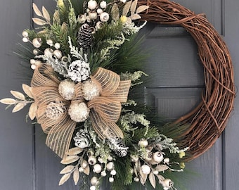 Cream and Silver Christmas Wreath, Berries and Pine Accents
