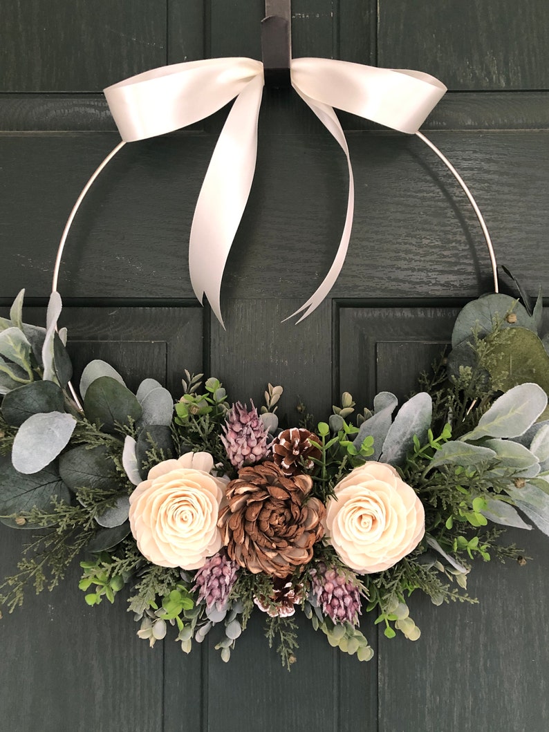 Christmas wreath, wreath for christmas, christmas decor, hoop wreath, modern wreath, door wreath, front door wreath, natural wreath, image 2