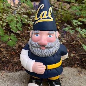May include: A garden gnome wearing a navy blue hat with "Cal" in yellow script. The gnome has a white beard, blue eyes, and is dressed in a navy blue outfit with a yellow belt and black shoes. The gnome is standing on a concrete surface.