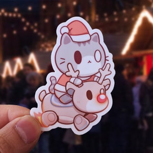 Adesivo de vinil de gato e Rudolph de Natal (3")