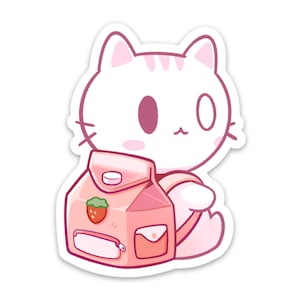 Drink Cat - Adesivo in vinile per zaino con latte alla fragola (3")