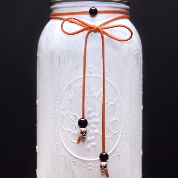 Orange Choker Wrap with Skulls and Black Beads