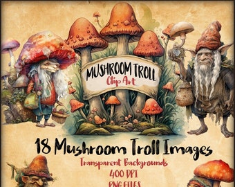 Watercolor Clipart, EPS, Clipart, Mushroom Clip art, Troll Goblin Clipart, Whimsical, PNG Clipart, Commercial Use w/ Transparent Backgrounds