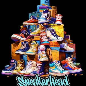 May include: A colorful illustration of a stack of boxes with various sneakers piled on top of each other. The sneakers are in different colors and styles, including high-top and low-top. The text "SneakerHead" is written in a graffiti style at the bottom of the image.
