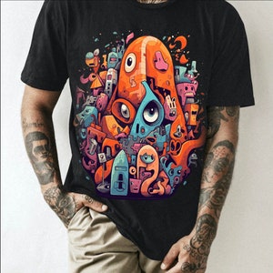 May include: A black t-shirt with a colorful graphic print of a cartoon monster with multiple eyes and a variety of shapes and colors.