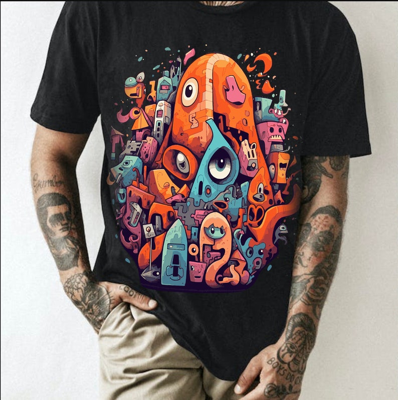 May include: A black t-shirt with a colorful graphic print of a cartoon monster with multiple eyes and a variety of shapes and colors.