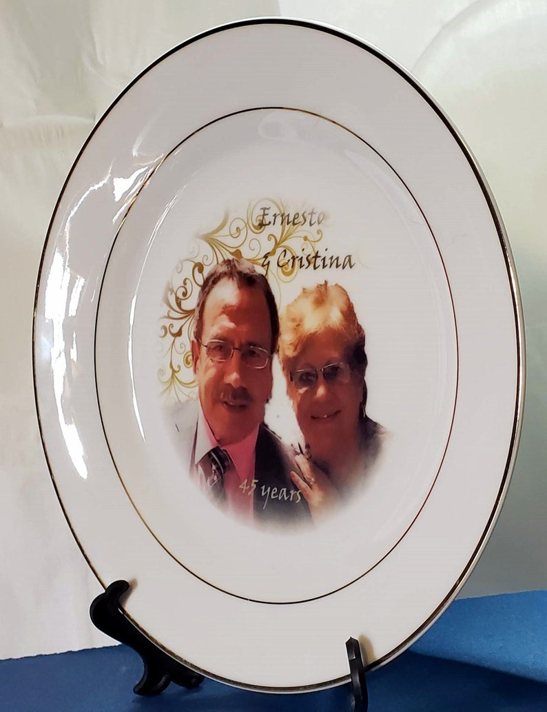 Personalized Wedding Birthday Anniversaries Custom PhotoText Decorative Plate with Gold Rims 10.5 diameter with stand.