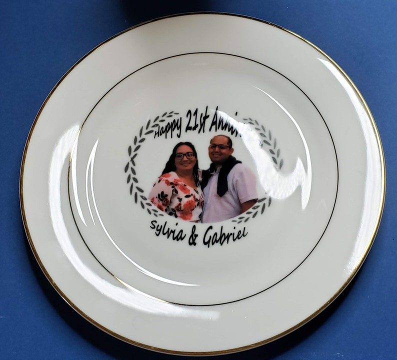 Personalized Wedding Birthday Anniversaries Custom PhotoText Decorative Plate with Gold Rims 10.5 diameter with stand.