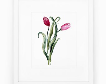 Tulip Watercolor Painting Print, Traditional wall art, Pink tulip art for gallery wall, Hand Painted Pink tulip flower print