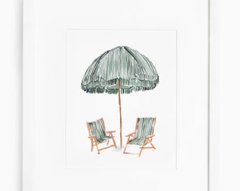 Watercolor beach art, beach umbrella painting, preppy beach art