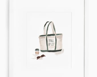 Boot en draagtas aquarel print, draagtas print monogram, woondecoratiekunstwerk,