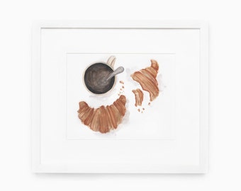Sunday Morning Watercolor Print, Coffee and Croissants painting, Breakfast, Kitchen Home decor