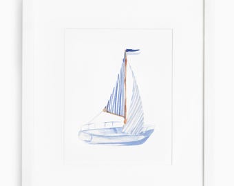 Zeilboot aquarel schilderij print, jongen kinderkamer artwork, nautische zeilboot kunst