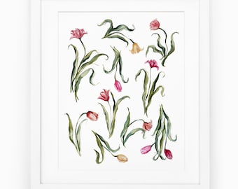 Tulip Watercolor Painting Print, Traditional wall art, Pink tulip art for gallery wall, Hand Painted Pink tulip flower print