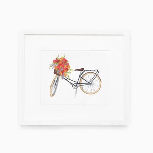 Impresión de acuarela de bicicleta llena de flores, impresión de bicicleta, obra de arte floral, arte de verano