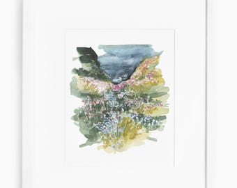 Watercolor landscape art, flower field art, watercolor floral art print