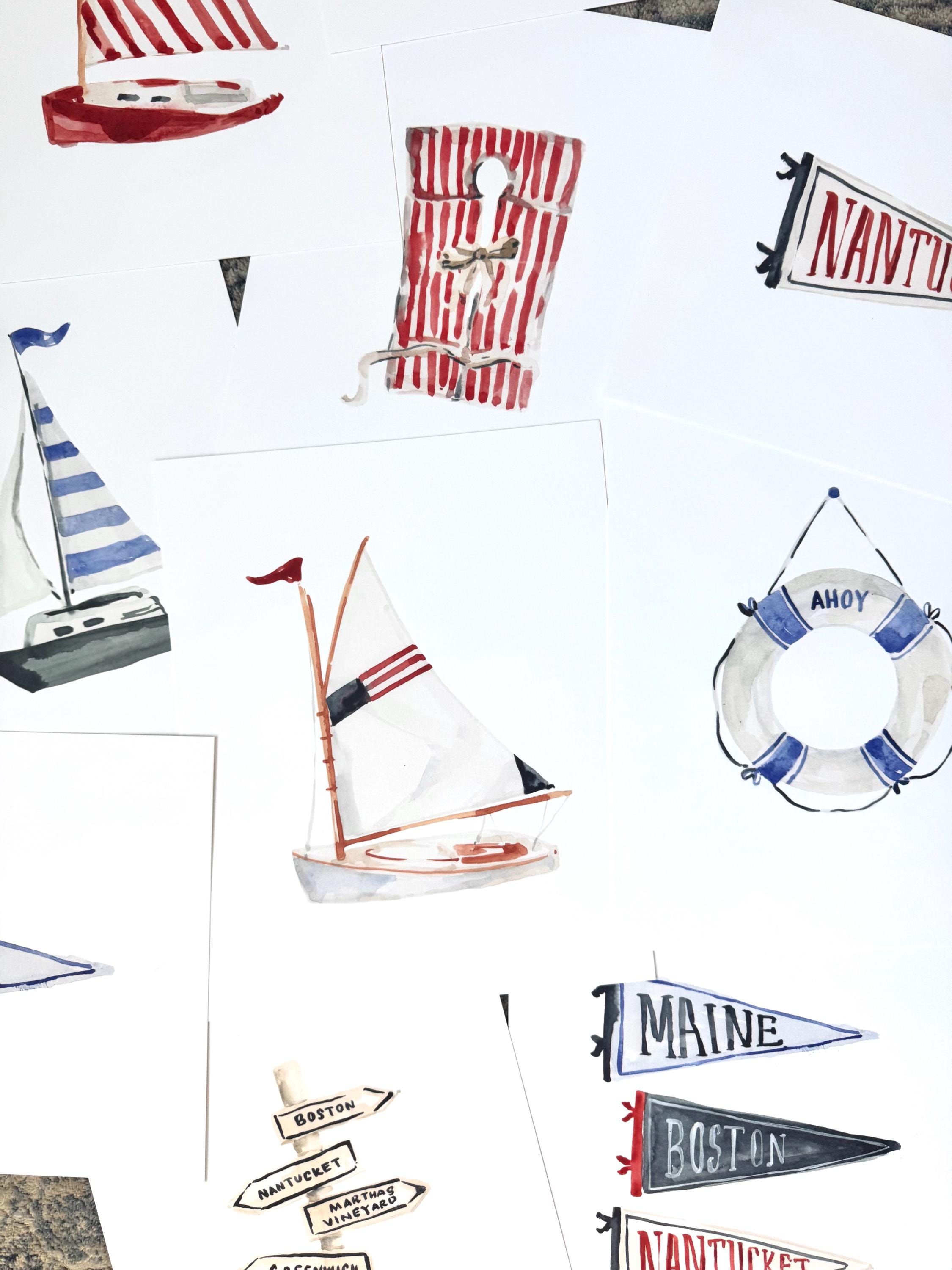 American Flag Sailboat Watercolor Art Print, Nautical Nursery Decor - Etsy