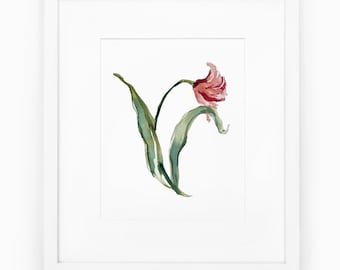 Tulip Watercolor Painting Print, Traditional wall art, Pink tulip art for gallery wall, Hand Painted Pink tulip flower print
