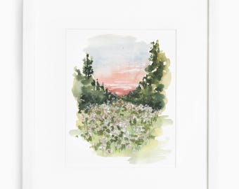 Watercolor landscape art, flower field art, watercolor floral art print