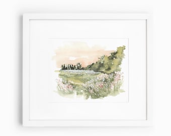 Watercolor landscape art, flower field art, watercolor floral art print