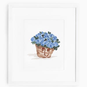 Impresión de pintura de acuarela de hortensias azules, impresión de flores en una bolsa de mano, obra de arte de decoración del hogar costero de Nantucket,