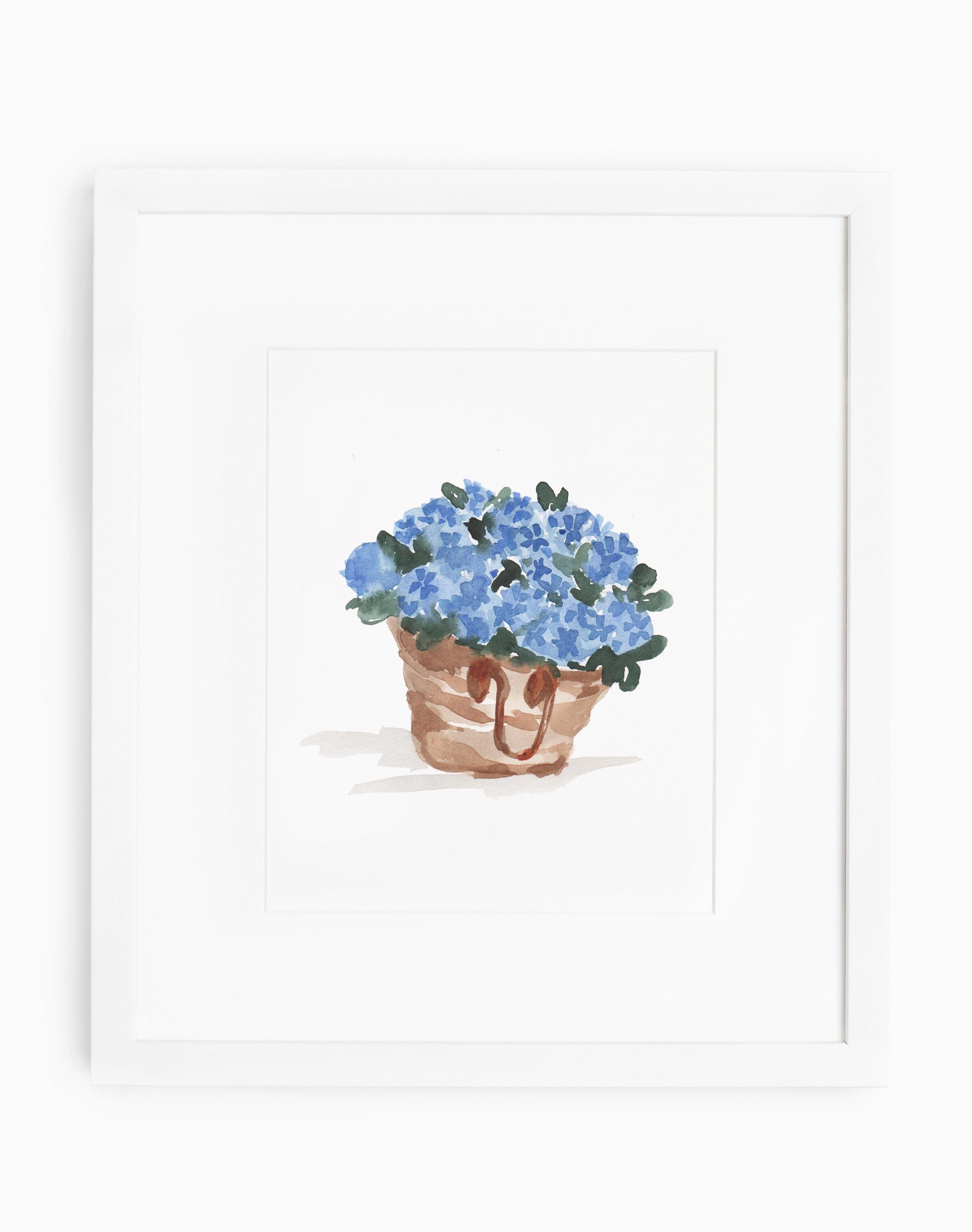Blauwe hortensia's aquarel schilderij print, bloemen in draagtas print, Nantucket Coastal Home Decor Artwork,