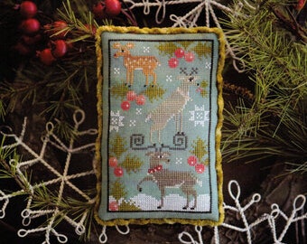 Rack Stack | Plum Street Samplers | Animal Stacks | Animal Trio | Primitive Cross Stitch PATTERN | Animals, Deer, Stag, Holly, Trees