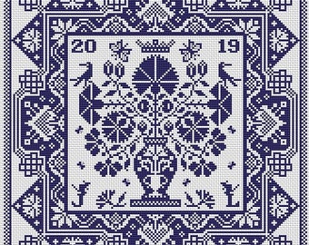 Bloo Boo Kay **PATTERN ONLY** | Long Dog Samplers | Needle Art Cross Stitch Pattern | Large Monochromatic CrossStitch Sampler