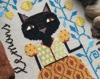 Lemon Cat | Barbara Ana Designs | Cross Stitch PATTERN | Medium Primitive Sampler | Kitty in a Dress - Animals in Dresses Design