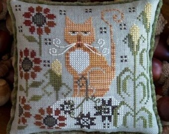 Clementine | Plum Street Samplers | Cat and Flower Sampler | Primitive Cross Stitch PATTERN | Tabby Cat Cross Stitch | Primitive Design