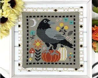 The Black Crow | Tiny Modernist | Summer Release | Cute Autumn Bird & Pumpkins | Small Cross Stitch Pattern | Little Quick Stitch Chart