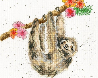 Hanging Around by Hannah Dale of Wrendale Designs | Bothy Threads | Counted Cross Stitch Full Kit | Happy Sloth with Flowers Needlework Kit