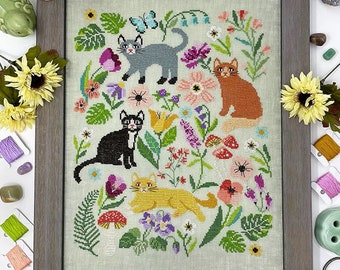 The Cat Tapestry | Tiny Modernist | Summer Release | Cute Garden Cats Design | Medium Cross Stitch Pattern | Cats and Colorful Flowers Chart