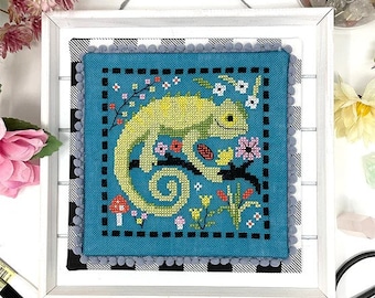 Karma Chameleon | Tiny Modernist | Summer Release | Cute Rainforest Lizard Design | Small Cross Stitch Pattern | Little Quick Stitch Chart