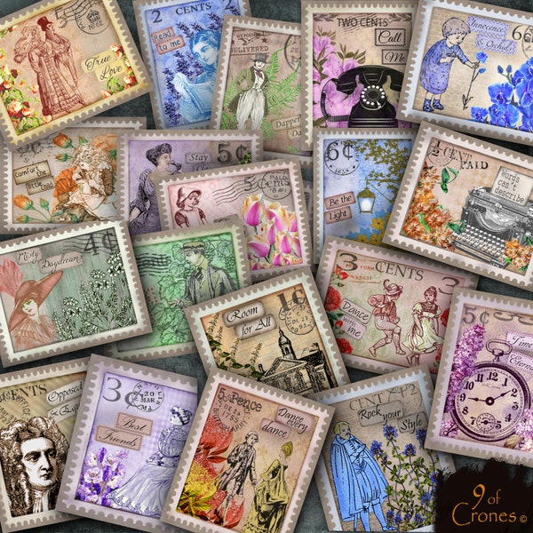 Vintage Life Faux Postage Stamps for scrapbooking, collages, planners, and junk journals, Printable papers, instant download.