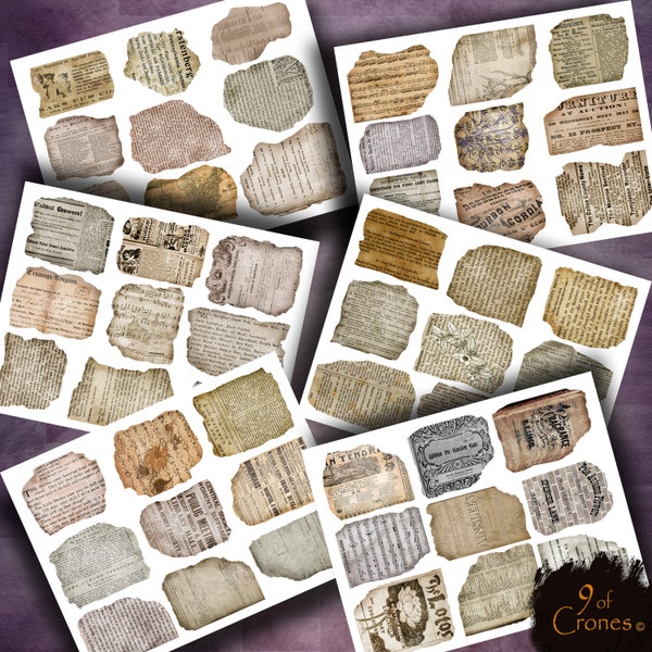 Vintage Print Scraps. 54 old print bits and for pieces for journals, collages, scrapbooking etc. Instant Download.
