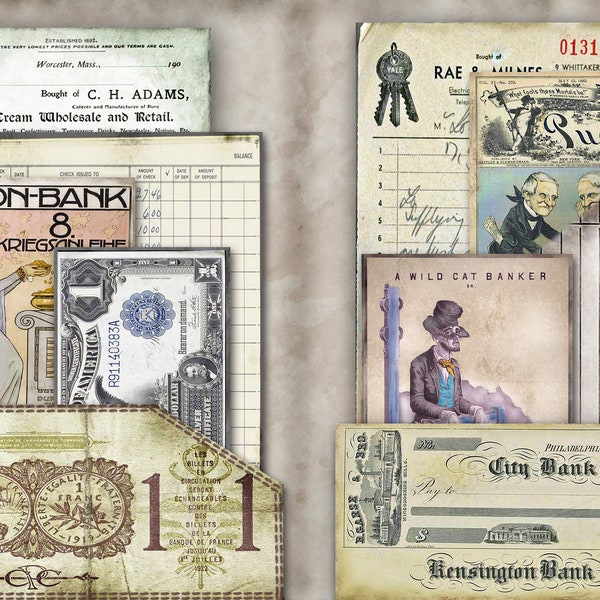 Vintage Finance Ephemera. 18 designs from vintage artwork for journals, scrapbooking, mix media, collages.