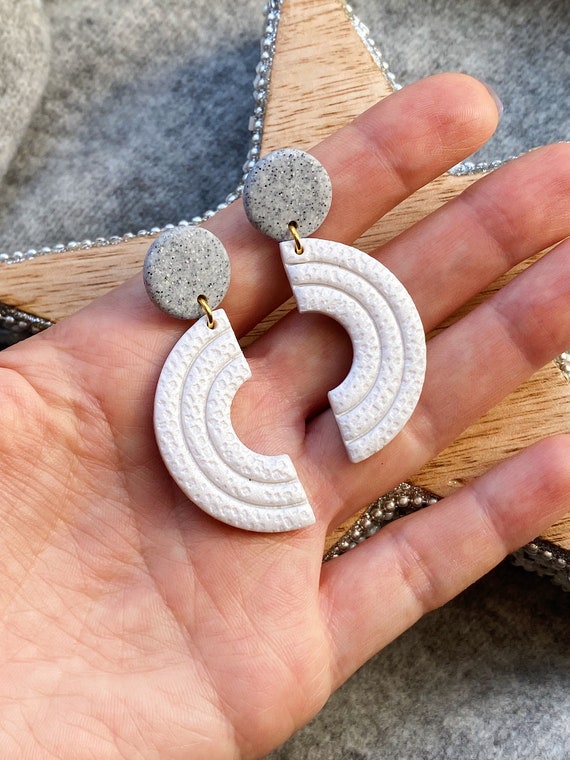 Statement Boho White Earrings Stud with Polymer Clay