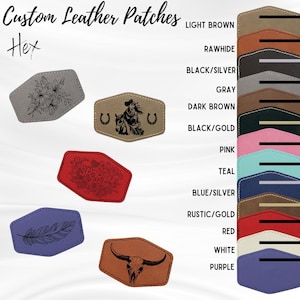 May include: A set of 12 leather patches in various colors and designs. The patches are hexagonal and feature different designs, including a floral design, a cowgirl riding a horse, a skull, a feather, and a doodle design. The patches are labeled with the color of the leather, such as "Light Brown", "Rawhide", "Black/Silver", "Gray", "Dark Brown", "Black/Gold", "Pink", "Teal", "Blue/Silver", "Rustic/Gold", "Red", "White", and "Purple".